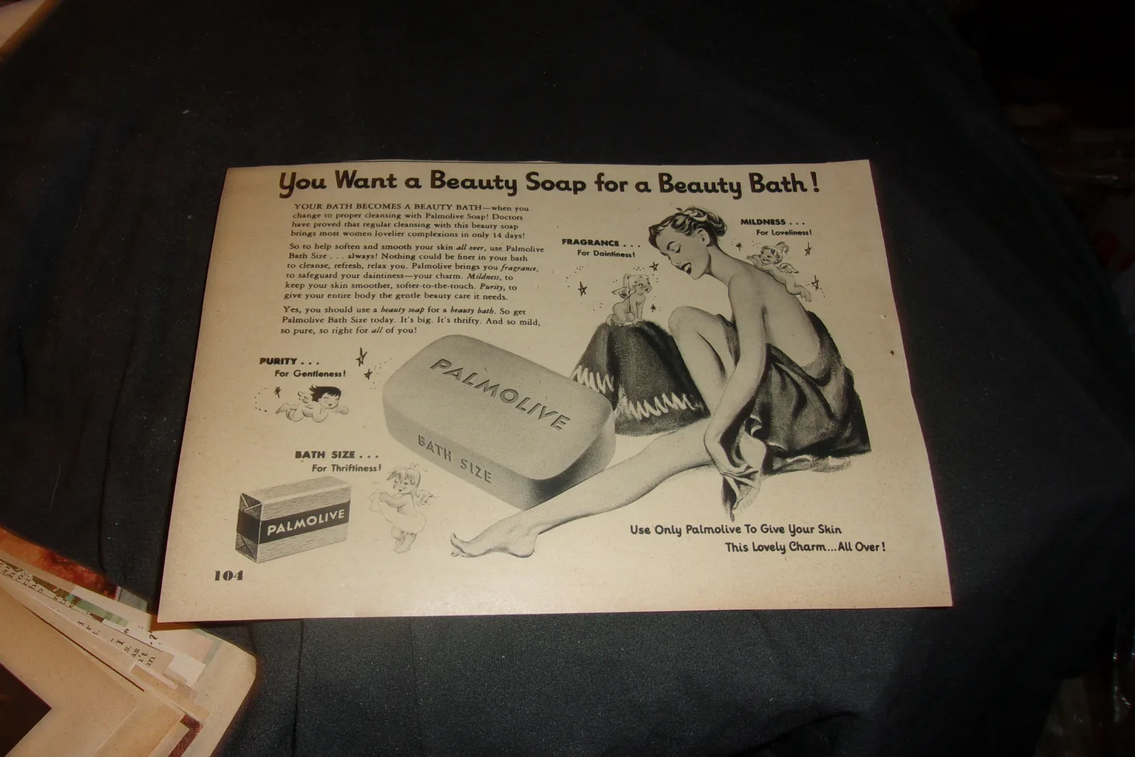 a partial page black and white vintage advertisement for Palmolive Soap 1951